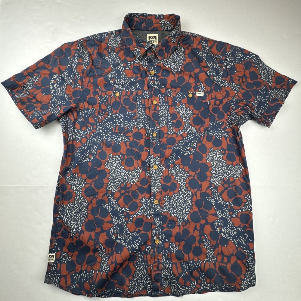 Reef Mens Button Down Shirt Medium Cotton Blend Abstract Surf Casual Navy Rust